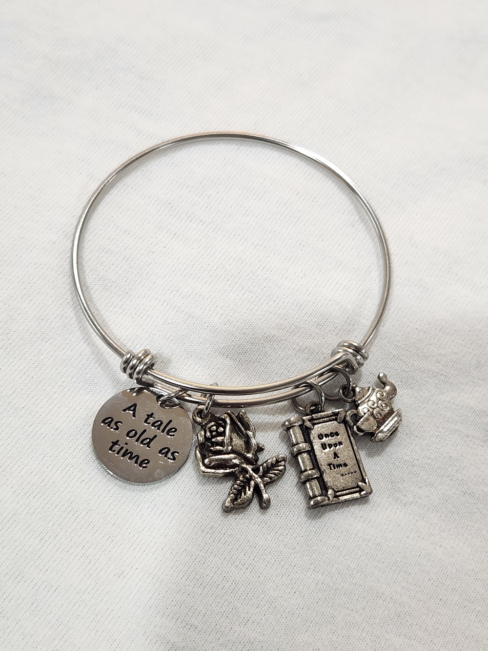 Silver Tale Charm Bangle Bracelet - 'A Tale As Old As Time'